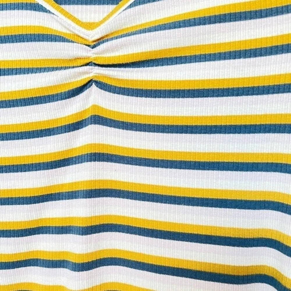 Girls XL 14/16 Long Sleeve Striped Ribbed Top Mustard Navy White V-Neck